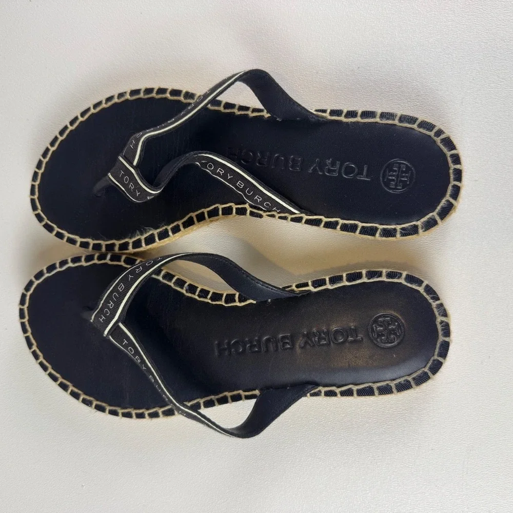 Tory Burch Ribbon Thong Espadrille Flip Flop Sandals Womens Perfect Navy Size 6 - Picture 5 of 8